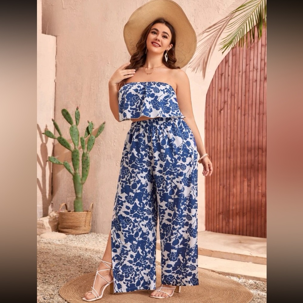 Plus Floral Print Tube Top & Slit Hem Wide Leg Pants
